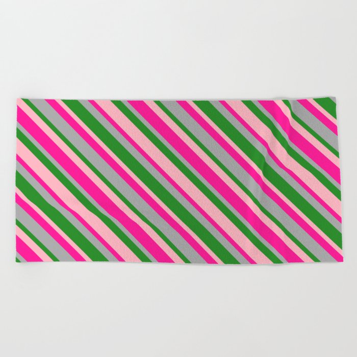 Deep Pink, Dark Gray, Forest Green, and Light Pink Colored Lines/Stripes Pattern Beach Towel