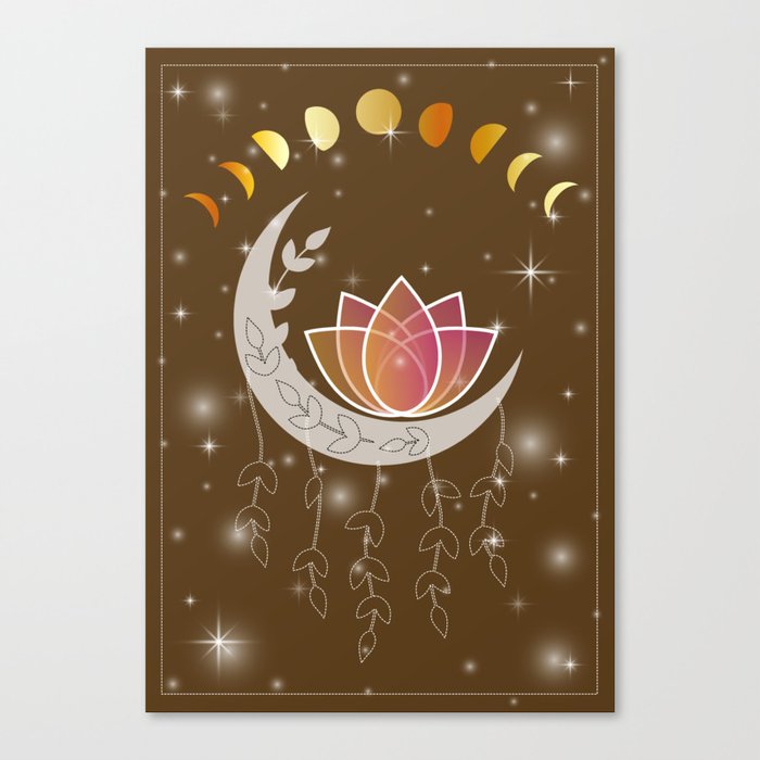 Moon dreamcatcher with pink lotus and leaves Canvas Print