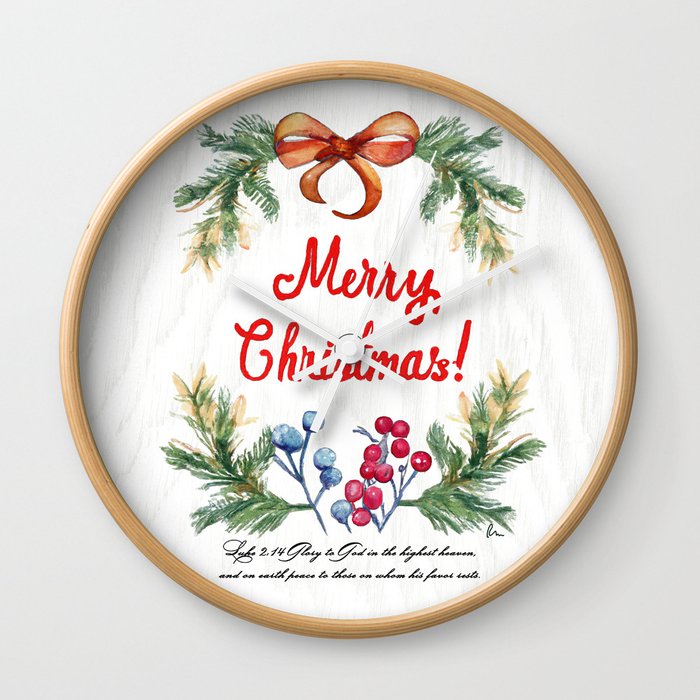 Vintage Merry Christmas Luke 2:14-Christmas Holiday Cards, Wall Art and Home Decor Wall Clock