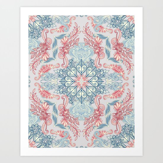 Vintage Fancy - a Pattern in Pale Blue, Navy & Deep Rose Art Print