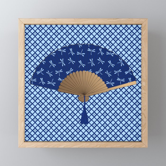 Japanese Fan, Dragonfly Pattern, Cobalt Blue Framed Mini Art Print