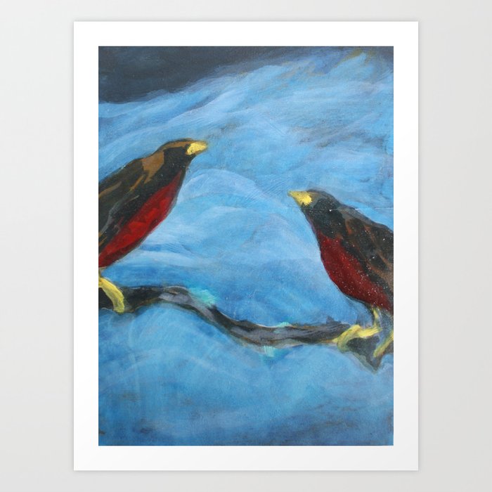 "Talks" a painting of robins talking Art Print