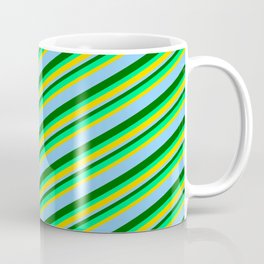 [ Thumbnail: Dark Green, Green, Yellow & Light Sky Blue Colored Lined Pattern Coffee Mug ]