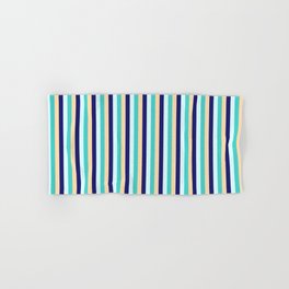 [ Thumbnail: Turquoise, Light Cyan, Midnight Blue, and Tan Colored Stripes/Lines Pattern Hand & Bath Towel ]