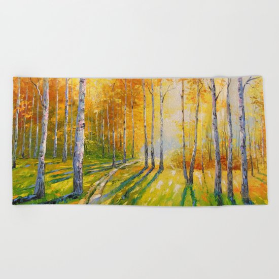 Road in a birch forest Beach Towel