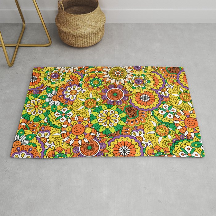 Funky Vintage Retro 70s Golden Hippie Flower Pattern Rug By Machmigo Society6