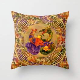 Phoenix and Dragon - color and gold Throw Pillow