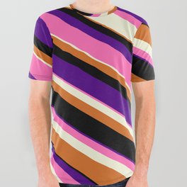 [ Thumbnail: Colorful Indigo, Hot Pink, Beige, Chocolate & Black Colored Lined Pattern All Over Graphic Tee ]