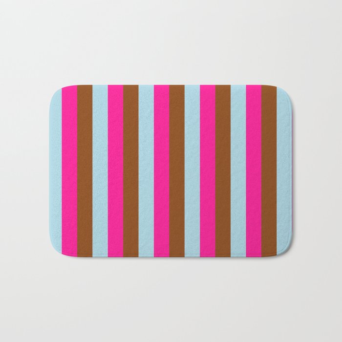 Deep Pink, Brown, and Light Blue Colored Pattern of Stripes Bath Mat