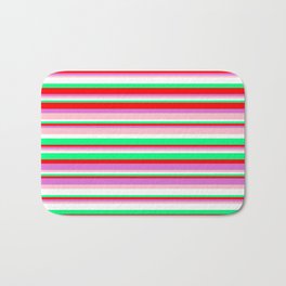 [ Thumbnail: Colorful Green, Red, Orchid, Pink, and White Colored Pattern of Stripes Bath Mat ]