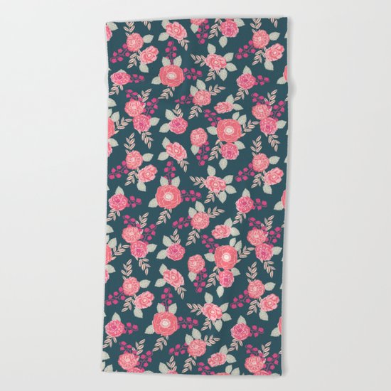 Ranunculus gardener garden floral flowers boho navy pink pastel cute pattern dorm college trendy Beach Towel
