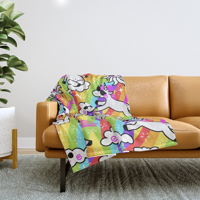 Unicorns and rainbows in the sky Throw Blanket