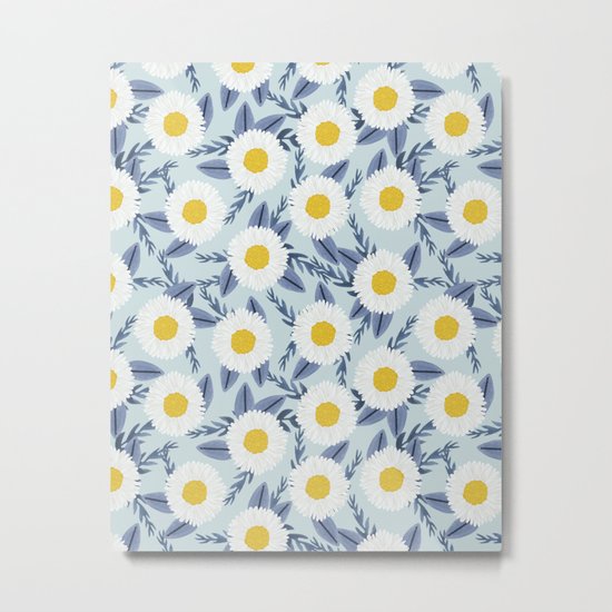 Daisy Flower White Blue Navy Gold Watercolor Painting Bohemian