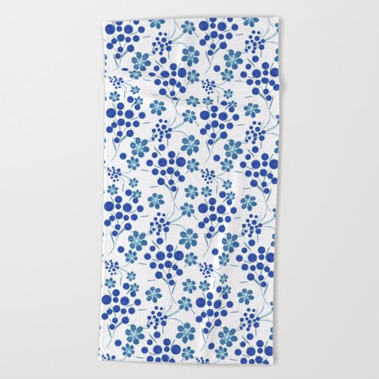 Blue flowers on a white background. Beach Towel