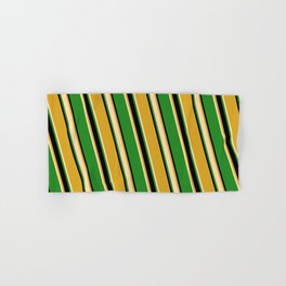 [ Thumbnail: Goldenrod, Tan, Forest Green, and Black Colored Striped/Lined Pattern Hand & Bath Towel ]