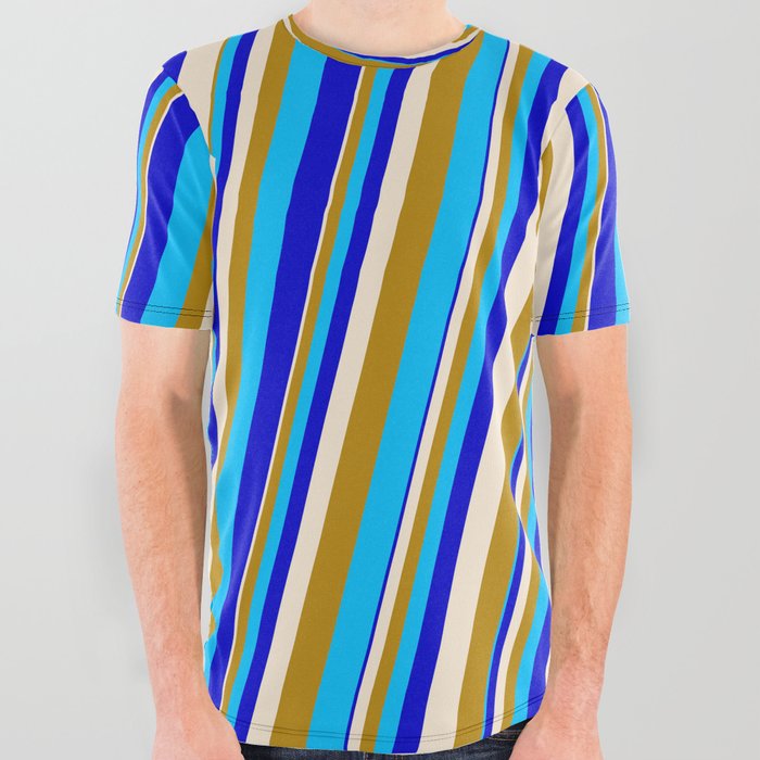 Beige, Dark Goldenrod, Deep Sky Blue & Blue Colored Stripes Pattern All Over Graphic Tee
