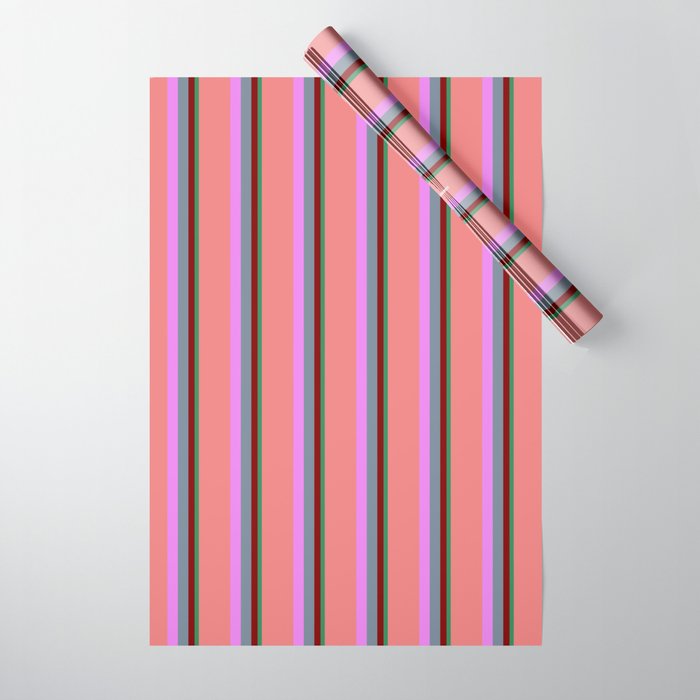 Vibrant Sea Green, Maroon, Light Slate Gray, Violet & Light Coral Colored Stripes Pattern Wrapping Paper