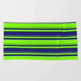 [ Thumbnail: Green and Midnight Blue Colored Lines/Stripes Pattern Beach Towel ]