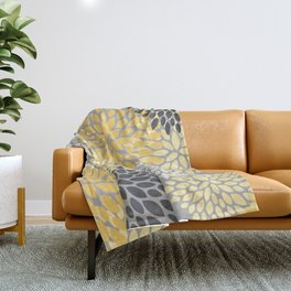 Floral Blooms, Gray, Charcoal, Yellow Throw Blanket