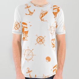 Orange Silhouettes Of Vintage Nautical Pattern All Over Graphic Tee