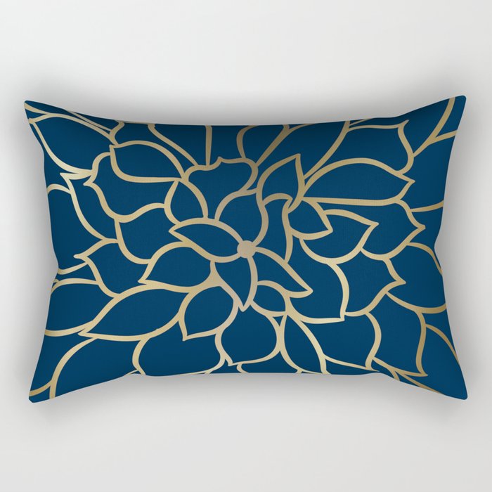 Floral Prints, Line Art, Navy Blue and Gold Rectangular Pillow
