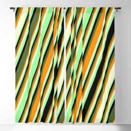 [ Thumbnail: Colorful Dark Orange, Light Yellow, Green, Black, and Dark Olive Green Colored Pattern of Stripes Blackout Curtain ]