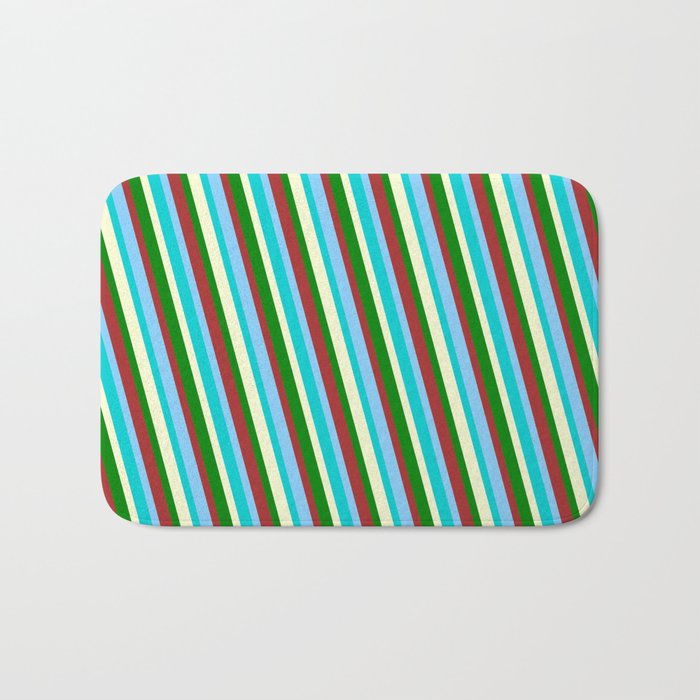 Colorful Brown, Light Sky Blue, Dark Turquoise, Light Yellow & Green Colored Lined/Striped Pattern Bath Mat