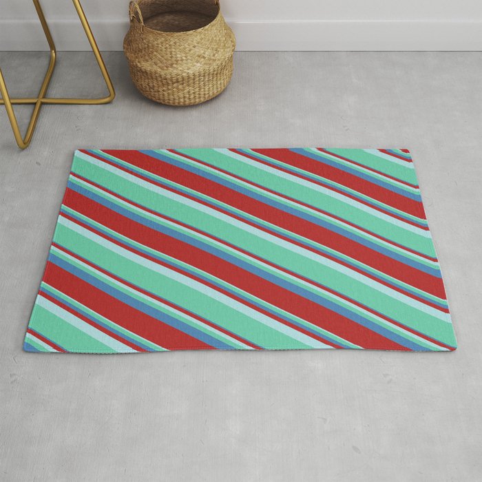 Powder Blue, Aquamarine, Blue, and Red Colored Lined/Striped Pattern Rug