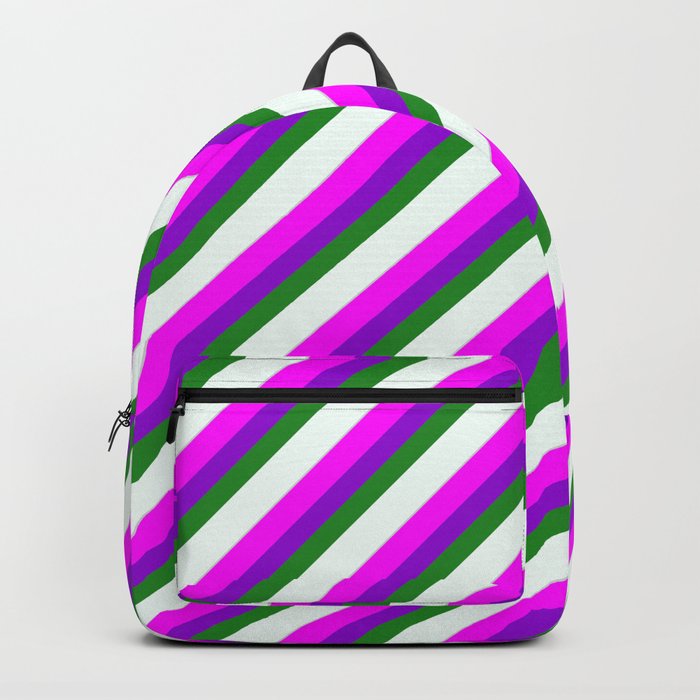 Eye-catching Fuchsia, Dark Violet, Forest Green, Mint Cream, and Light Grey Colored Stripes Pattern Backpack