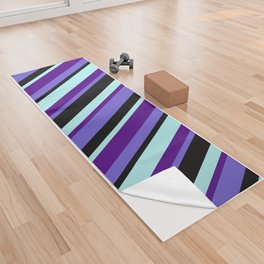 [ Thumbnail: Slate Blue, Indigo, Turquoise & Black Colored Striped Pattern Yoga Towel ]