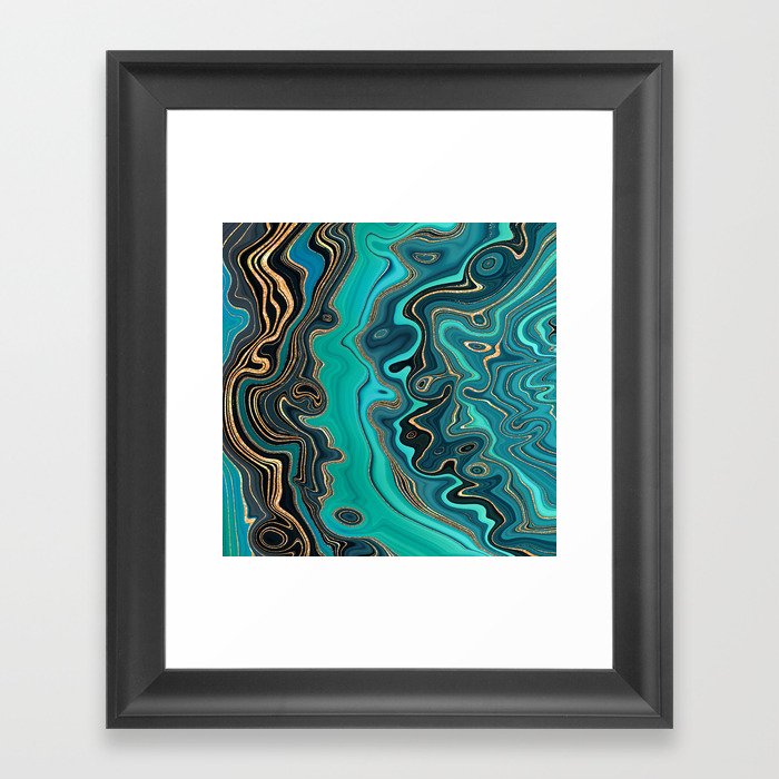 Peacock Teal + Hypnotic Gold Stylized Fluid Painting Framed Art Print