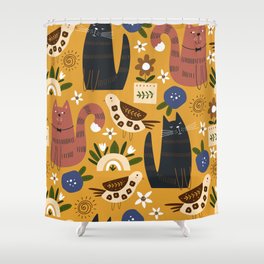 Seamless pattern with cute cats and bird. hand drawn illustration Shower Curtain