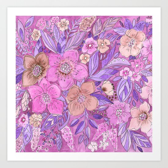 Watercolor . Pink flowers . Art Print