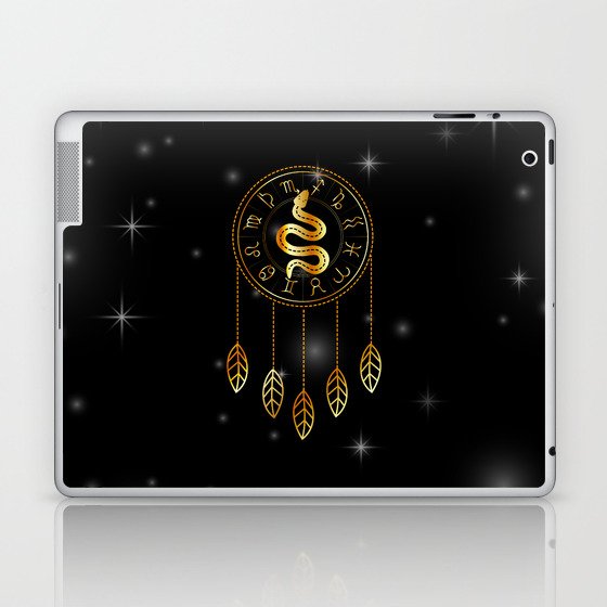 Dreamcatcher Zodiac symbols astrology horoscope signs with mystic snake in gold Laptop & iPad Skin