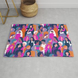 Every day we glow International Women's Day // midnight navy blue background violet purple curious blue shocking pink and orange copper humans  Area & Throw Rug