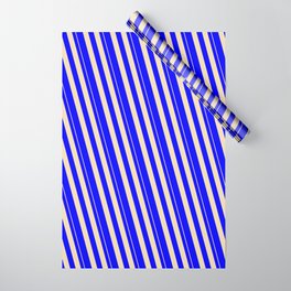 [ Thumbnail: Tan & Blue Colored Stripes/Lines Pattern Wrapping Paper ]