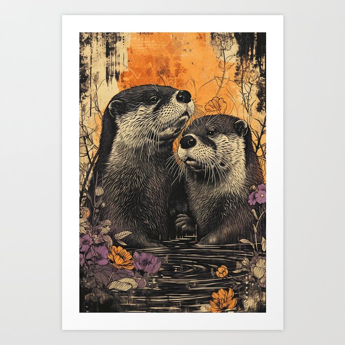 Hugging otters Art Print