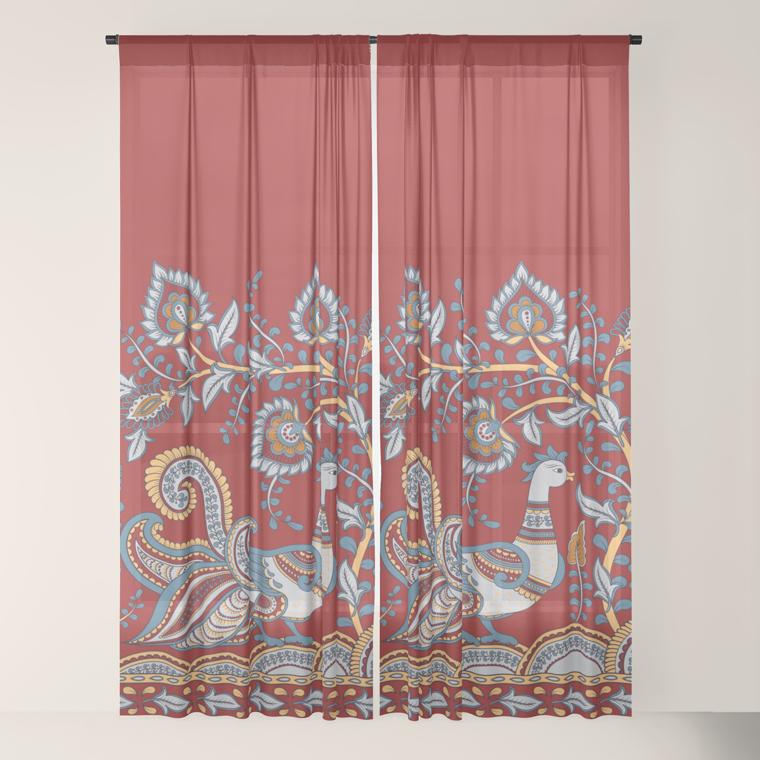 Border With Birds And Flowers Indian Style Sheer Curtain By