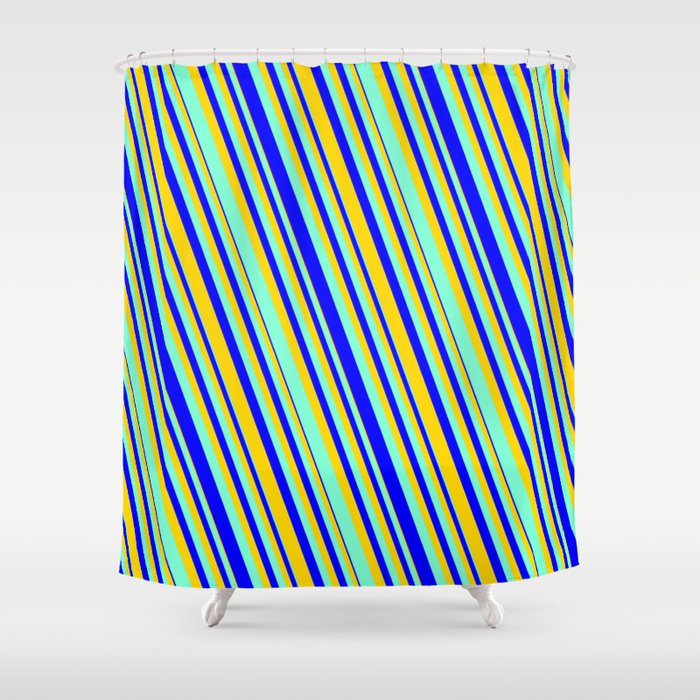 Aquamarine, Blue & Yellow Colored Lines Pattern Shower Curtain