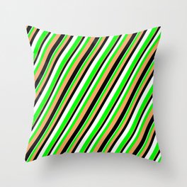 [ Thumbnail: Brown, Black, White & Lime Colored Lined/Striped Pattern Throw Pillow ]