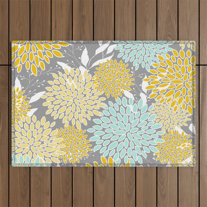 Floral Prints and Leaves, Gray, Yellow and Aqua Outdoor Rug