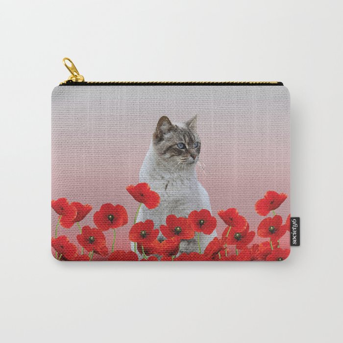 poppies Flowers with white grey cat Carry-All Pouch
