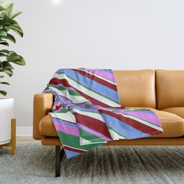 [ Thumbnail: Vibrant Cornflower Blue, Violet, Sea Green, Mint Cream & Maroon Colored Lined Pattern Throw Blanket ]