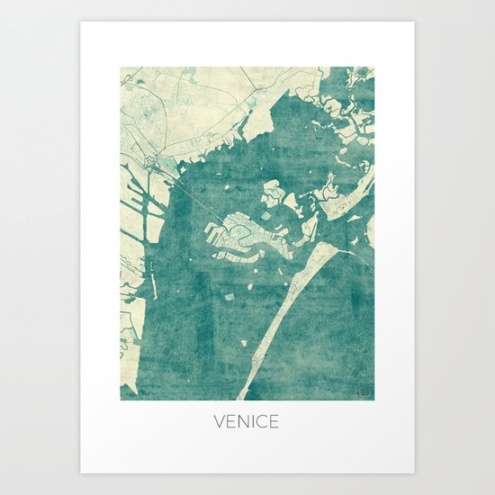 Venice Map Blue Vintage Art Print