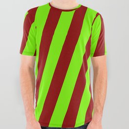 [ Thumbnail: Green & Dark Red Colored Lines Pattern All Over Graphic Tee ]