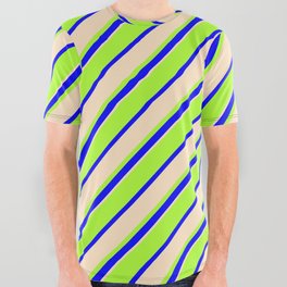 [ Thumbnail: Light Green, Blue & Bisque Colored Lines Pattern All Over Graphic Tee ]