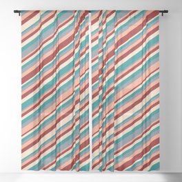 [ Thumbnail: Eye-catching Bisque, Teal, Slate Gray, Light Salmon & Dark Red Colored Stripes Pattern Sheer Curtain ]