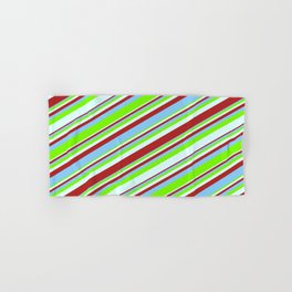 [ Thumbnail: Red, Light Sky Blue, Green, and Light Cyan Colored Striped/Lined Pattern Hand & Bath Towel ]