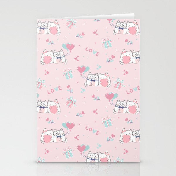 Cute Kawaii Cats with Hearts Stationery Cards