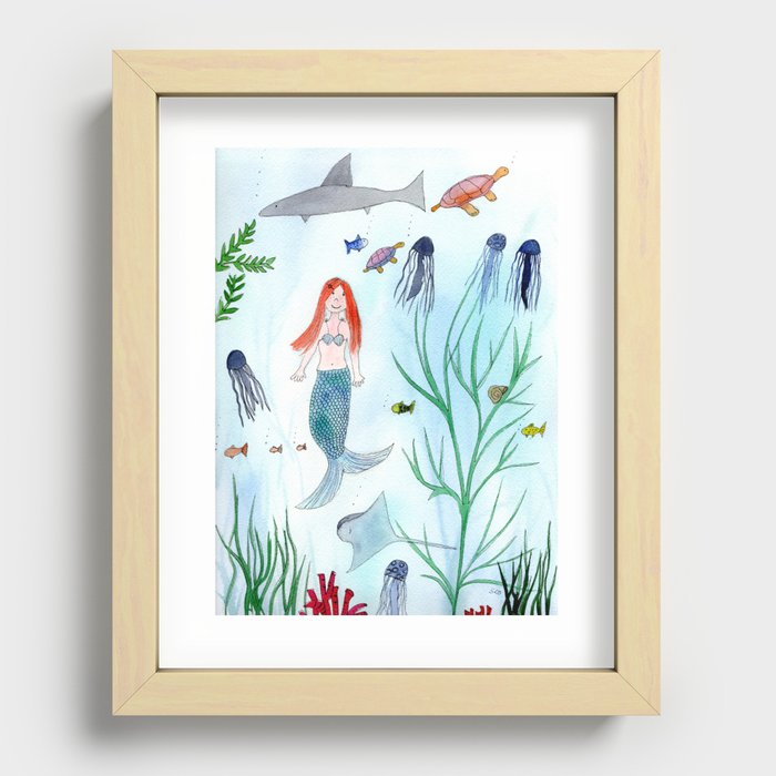 Cute Mermaid Watercolor Illustration Recessed Framed Print